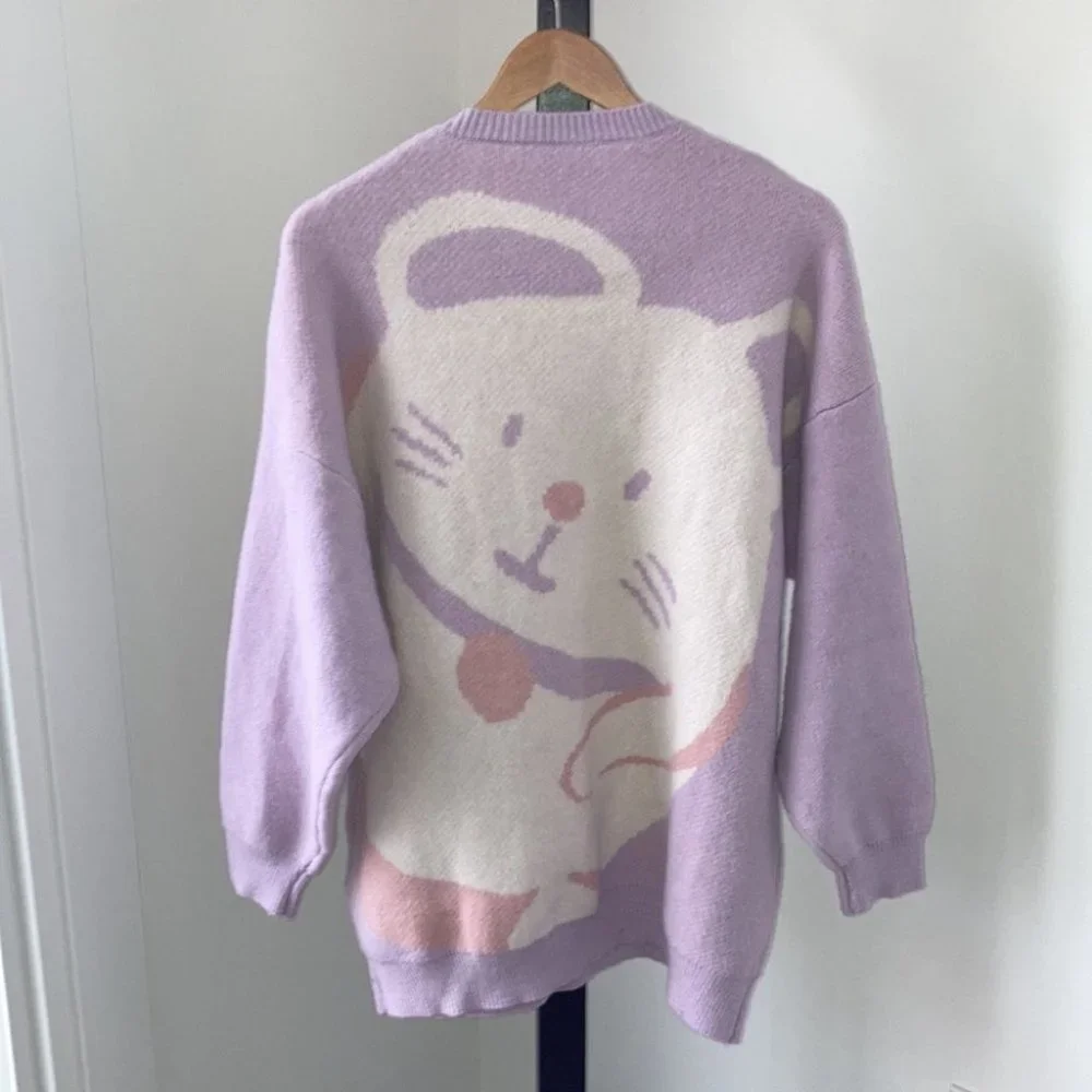 Rare Pastel Purple Knit Oversized Cat Sweater - Picture 2 of 9